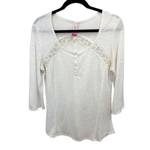 No Boundaries Plus Size 3/4 Sleeve Lace Embellished Cream Henley Top Size XXL